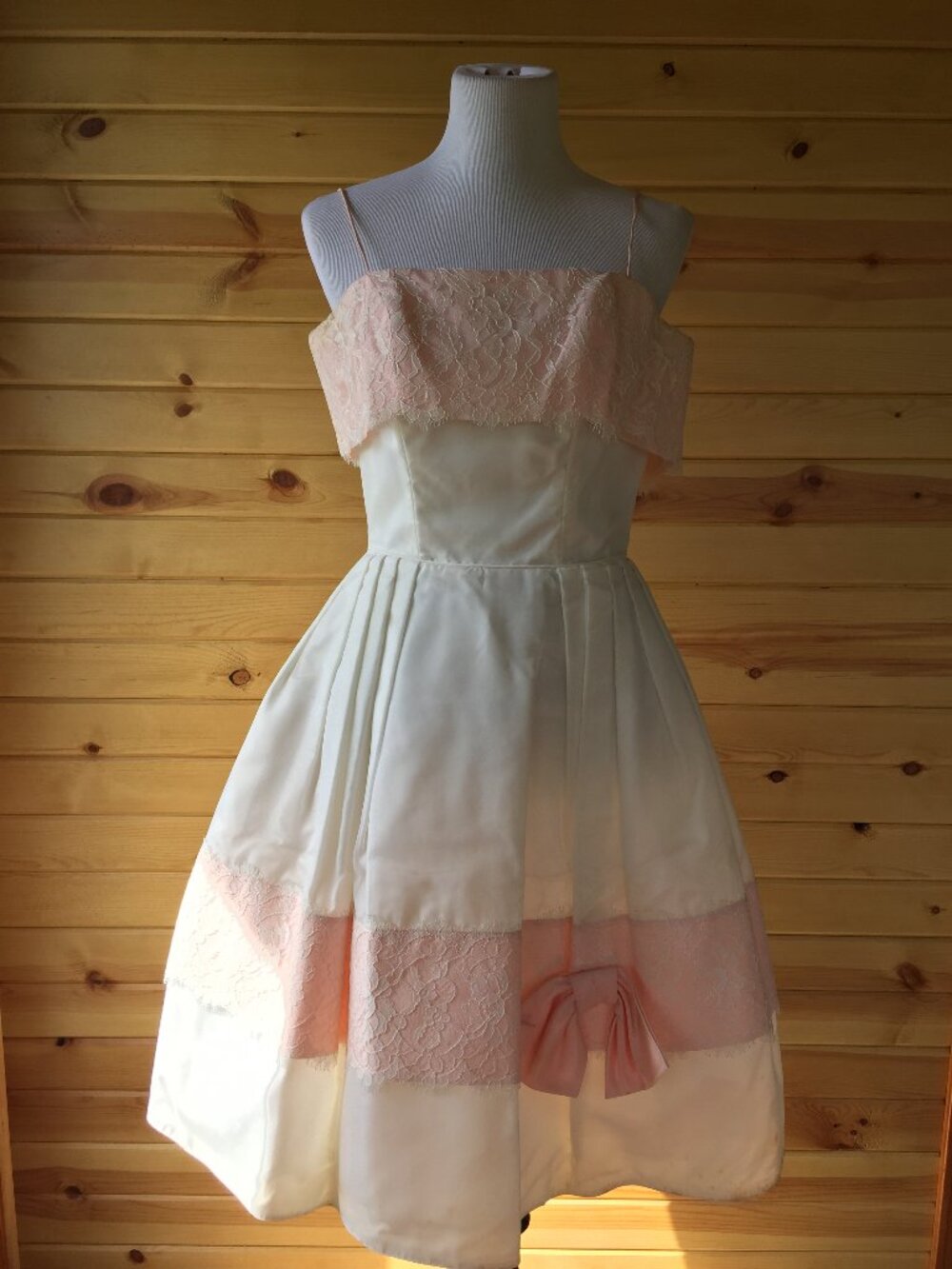 Vintage 50s Girly Fit Flare Party Gown Lace White Light Pink XXS/XS